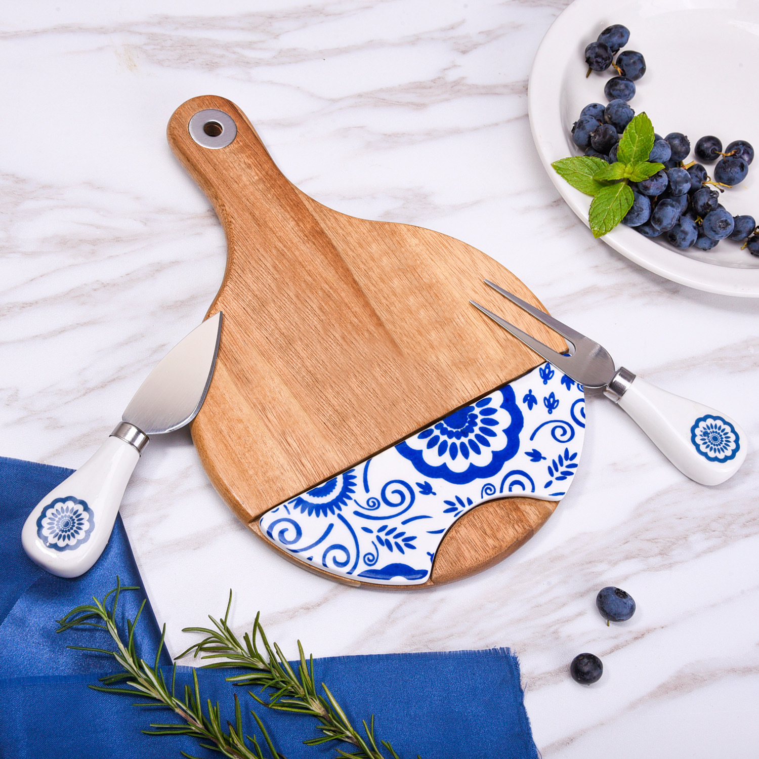 Wood and Ceramic Cheese Board Gift Set – 23.5×15.5cm Serving Board with Cutlery